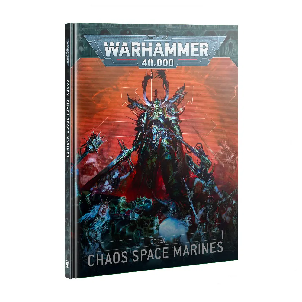 Warhammer 40k Chaos Space Marine 10th Edition codex with a black Chaos Lord holding a power sword and power axe facing down at an angle