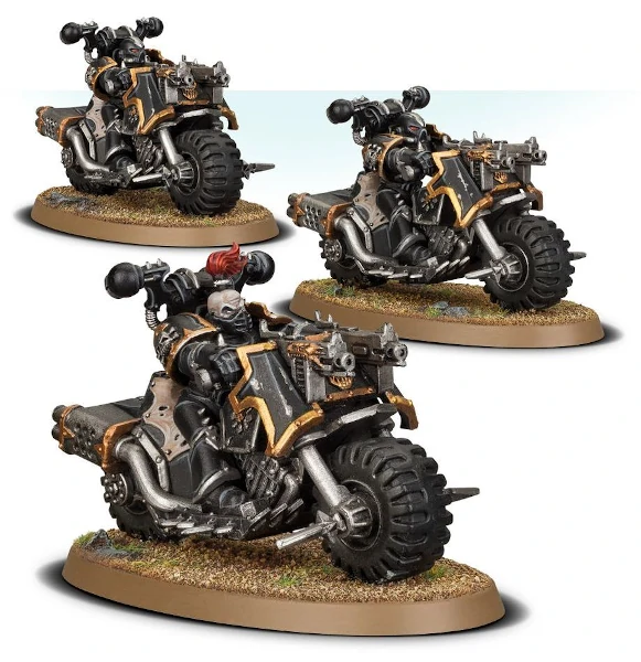 Three warhammer 40k chaos space marine biker miniatures black with gold trim with two bolters and a marine on each bike