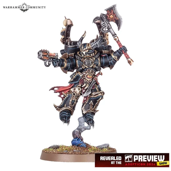 A warhammer 40k black chaos space marine jump back lord miniature holding a power axe aloft above his head and a plasma pistol