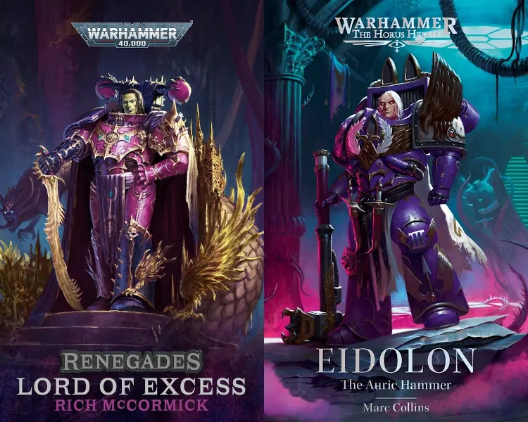 Emperor's Children 2024 novel releases. Renegades: Lord of Excess by Rich McCormick (Warhammer 40k) and Eidolon: The Auric Hammer by Marc Collins (Horus Heresy, 30k)