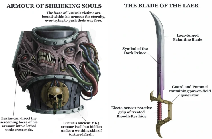 the equipment of Lucius the Eternal of the Emperor's Children. The Lear blade, a thin duelists sword, and the armour of shrieking souls umbued with screaming faced