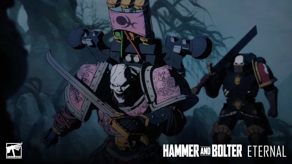 Animated Lucius the Eternal of the Emperor's children a pink marine with scarred bald white head holding a sword