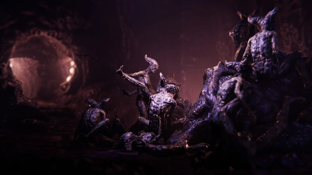 a scene from Lust from beyond hazed in purple showing daemons cavorting in front of an alien backdrop.