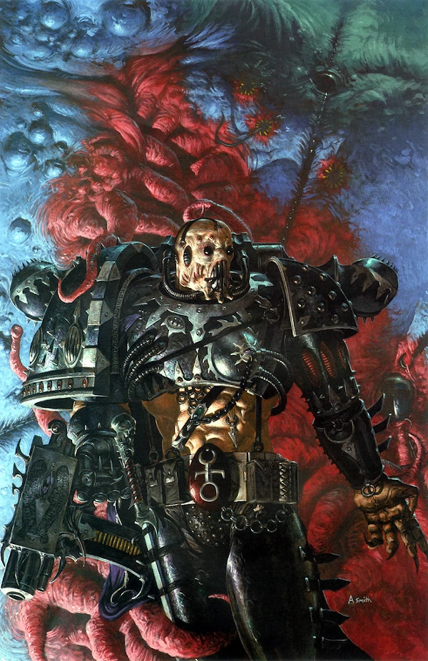 An Emperor's Children noise marine depicted with interwoven machinery depicted by Adrian Smith.