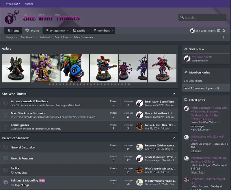 she who thirsts forums showing the media gallery and several forums options and latest articles.