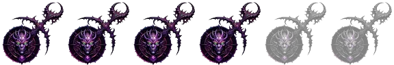 Four purple She Who Thirsts icons, a Slaanesh symbol, with 2 more grayed and faded out representing a score of 4 out of 6.