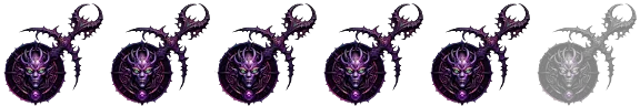 Five purple She Who Thirsts icons, a Slaanesh symbol, with 1 more grayed and faded out representing a score of 5 out of 6.