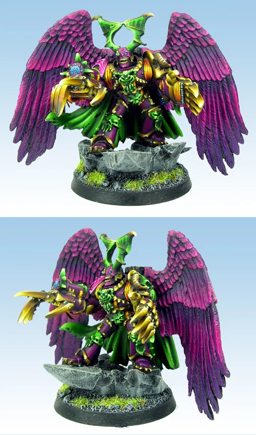 Emperor's Children Chaos Lord with wings and lighting claws painted garish purple, green and bright yellow non metal metal gold.