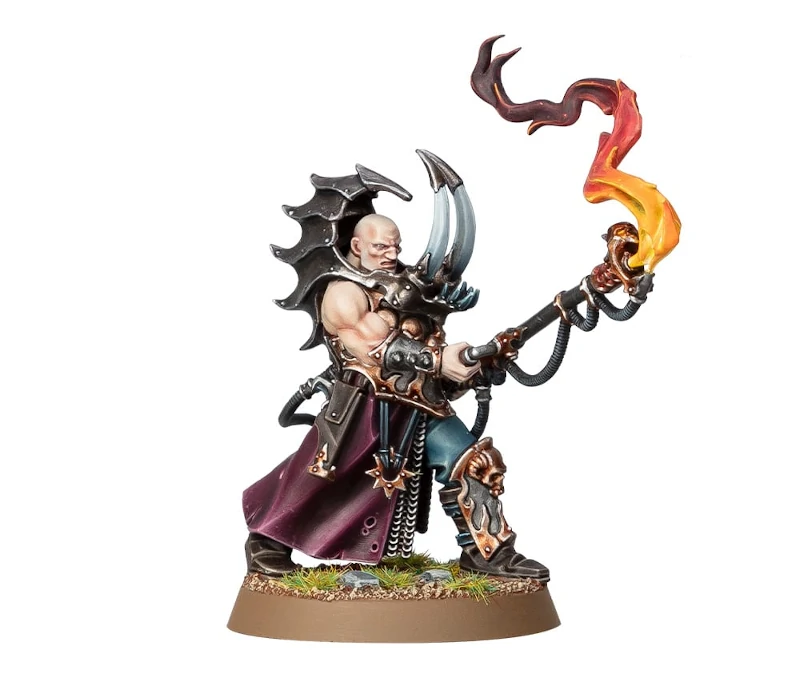 A chaos cultist with two large horns emerging from their chest armour and curling upwards. Holding a large flamethrower with file whipping from the end.