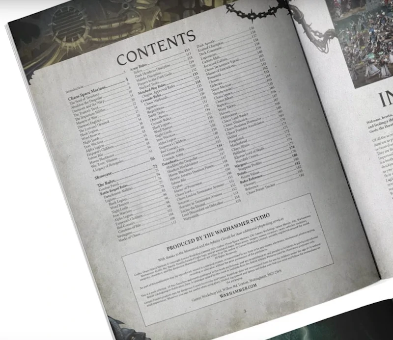 A title page from the Chaos Space Marine codex noting Emperor's Children, Lucius the eternal and noise marines