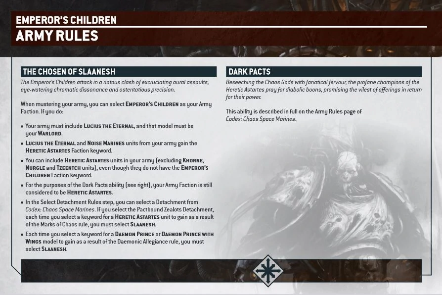 The Emperor's Children Index Army rules showing the restrictions and requirements with Lucius as your warlord and using the Mark of Slaanesh in Pactbound Zealots.
