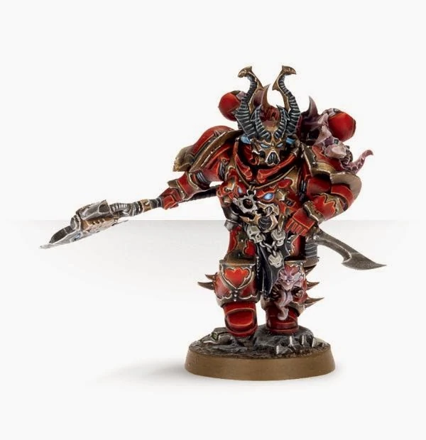 a red armoured chaos space marine holding two blades running forwards