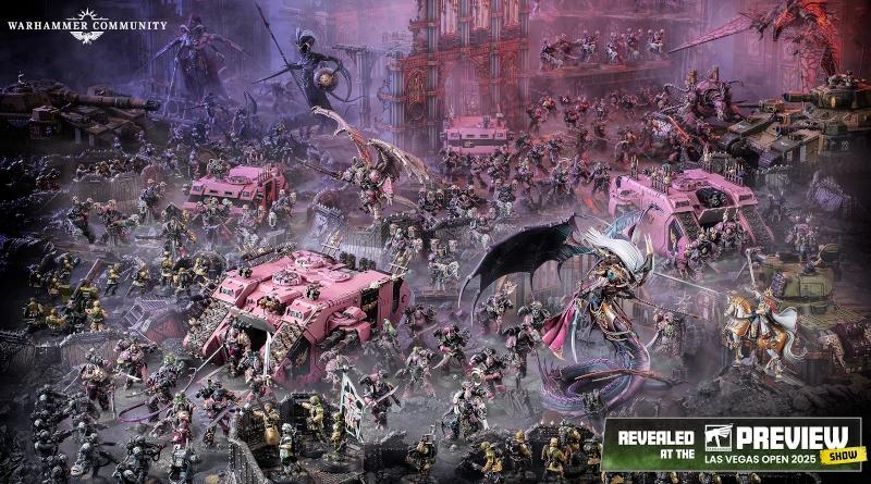 Pink and black new Emperor's Children miniatures displayed on a battlefield with a note they were revealed at the 2025 Las Vegas open.