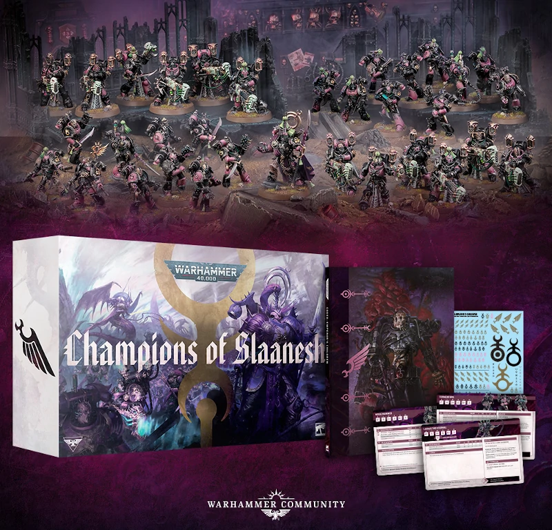 Champions of Slaanesh limited edition box showing Emperor;s Children miniatures, limited Edition codex, datasheets and transfers.