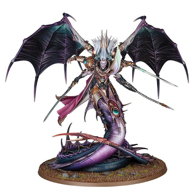 Emperor;s Children Daemon Primarch Fulgrim. A large miniature with a shake body, four arms, three of while hold swords, and bat like wings.