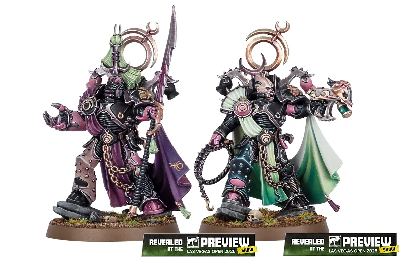 Two Emperor's Children Lord Exultant figures glad in flowing robes, One with a power fist and spear and another with a postil and whip / lash.