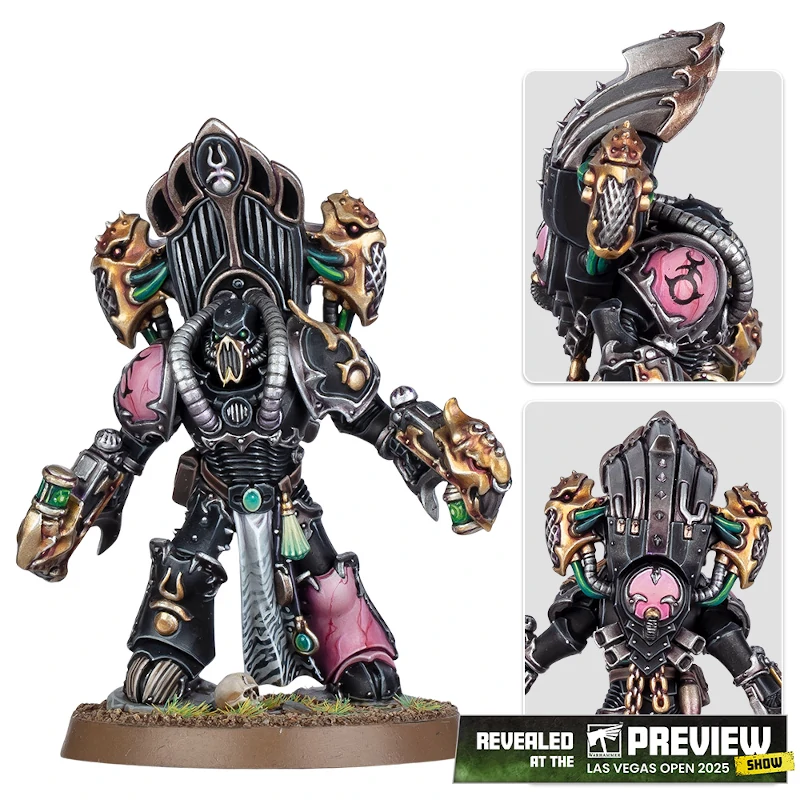 Emperor's Children lord Kakonophist with a large organ like backpack, two pistols with noise grills and a breaking avian helmet flanked by two large cables.