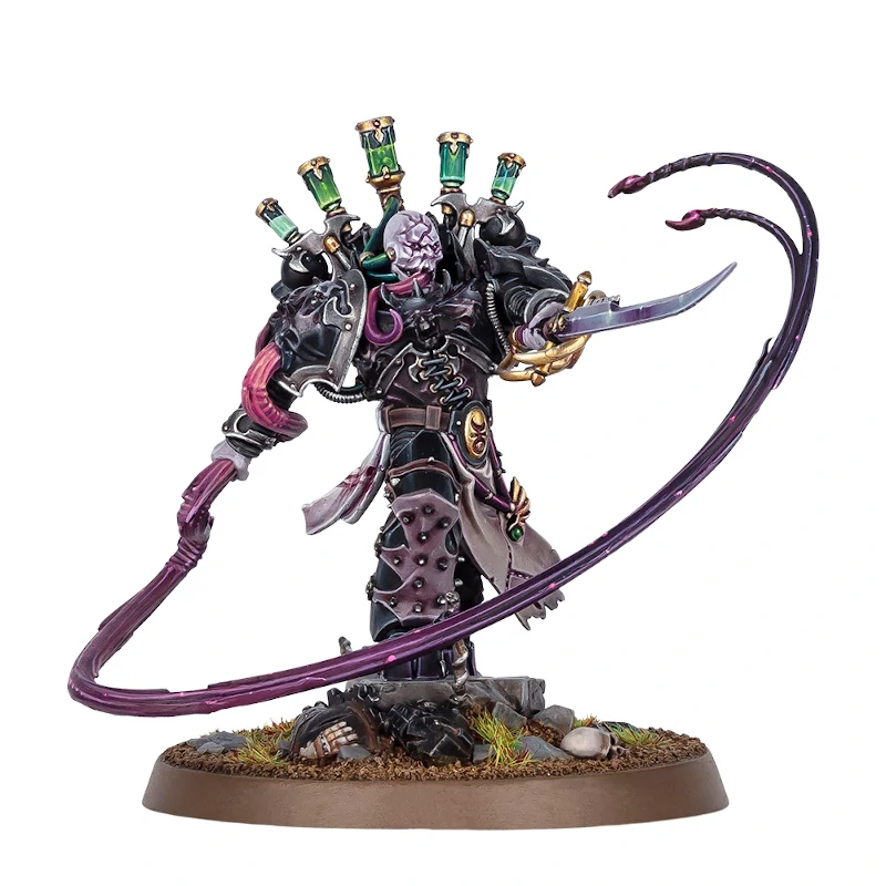 Lucius the Eternal an Emperor's Children miniature with a long swirling lash, dueling saber and chemical injectors on his back. A pale daemonic face with a long leering tongue protroding.