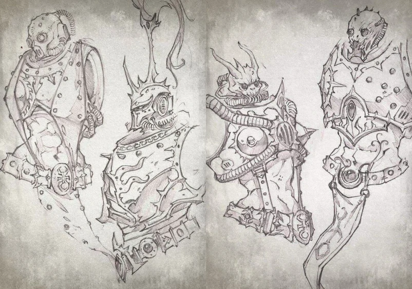 showing four emperor;s children marine sketches with exposed mid sections similar to the final Emperor;s Children miniature designs.