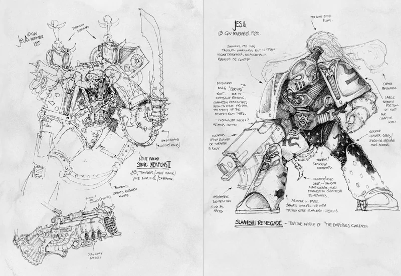 hand drawn depictions of an Emperor's Children marine and noise marine by Jes Goodwin circa 1990.