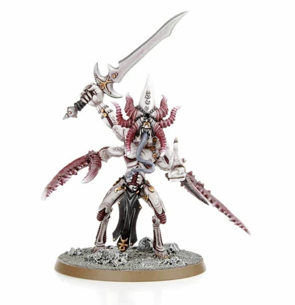a white deamon with a cone shaped horned head. Two large claws and a sword, with the final arm pointing. A old Keeper of Screts miniature.